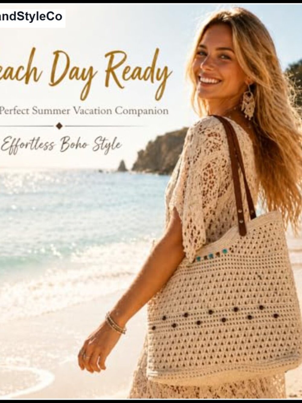 Bohemian Crochet Knit Tote Breathable Mesh Beach Travel Bag Large Foldable - Picture 3 of 6